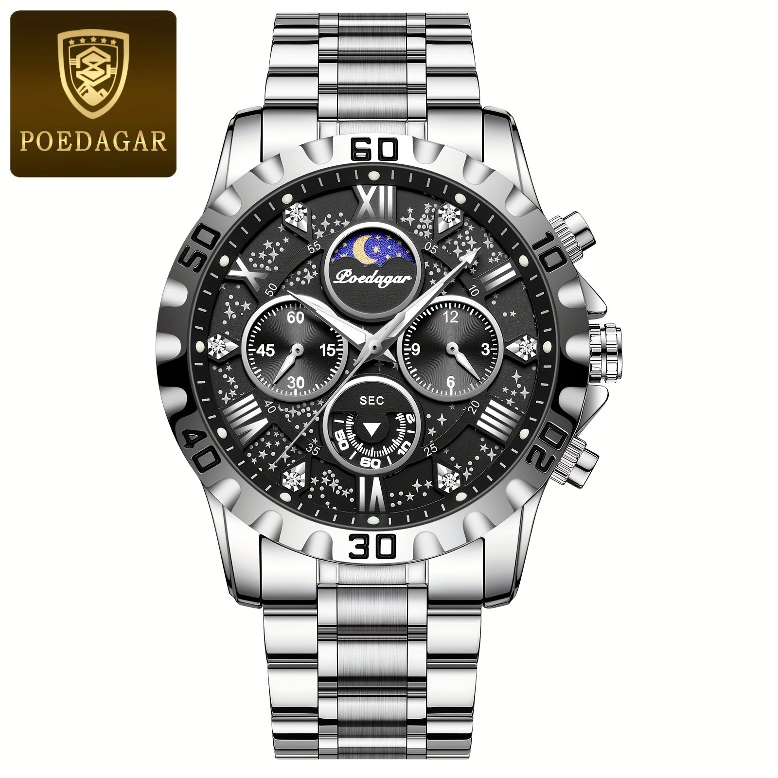 [New Business Water Resistance Watch] POEDAGAR 2024 New Business Executive Men's Quartz Chronograph Watch with Water Resistance, Night Light, and Stainless Steel Band