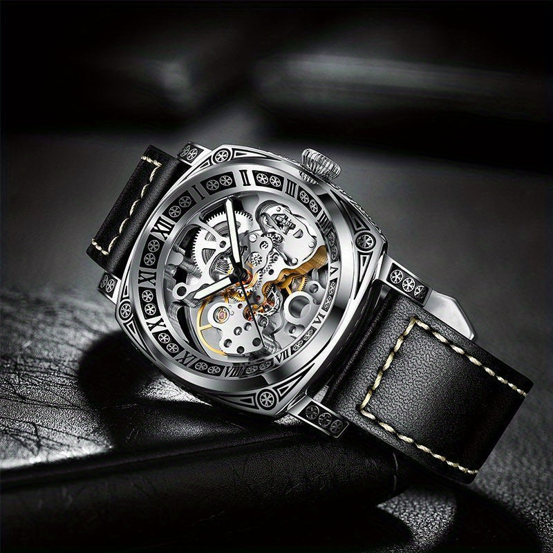 Elegant Mechanical Men's Watch: Self-Winding, Waterproof, with Stylish Hollow Design - Round Dial & Precision Timekeeping