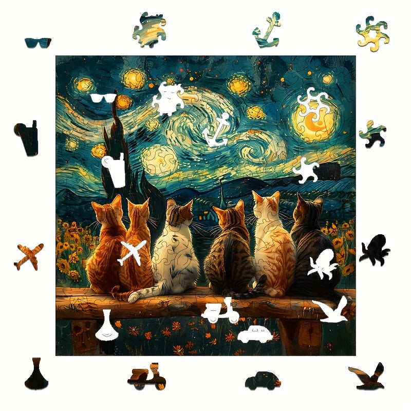 Starry Night Colorful Cat Wooden Puzzle - Unique Shaped Animal Jigsaw For Adults, Stress-Relief & Brain Teaser, Perfect Gift For Birthdays, Christmas, Halloween