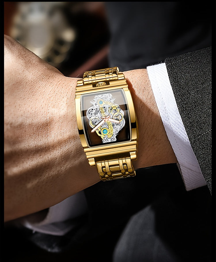 Sleek Luxury Men's Quartz Watch - Stainless Steel Band, Luminous Dial, Hollow-Out Design, Folding Clasp