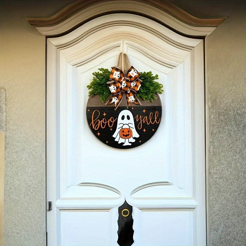 Boo Y'all Halloween Wooden Door Hanger - Wall Mount Festive Welcome Sign with Ghost, Pumpkin, and Fall Ribbon - Perfect Housewarming Gift and Party Decoration for Home, Office, and Garden - No Electricity Needed