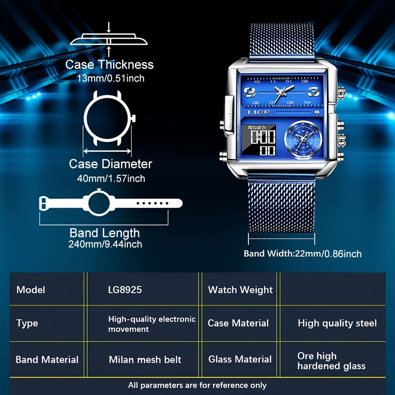 LIGE Fashion Luxury Men's Watch. Watch with Square Stainless Steel Strap. Dual Display Nightlight Second Timer Sports Outdoor Watch. Suitable for Halloween And Christmas Gifts.