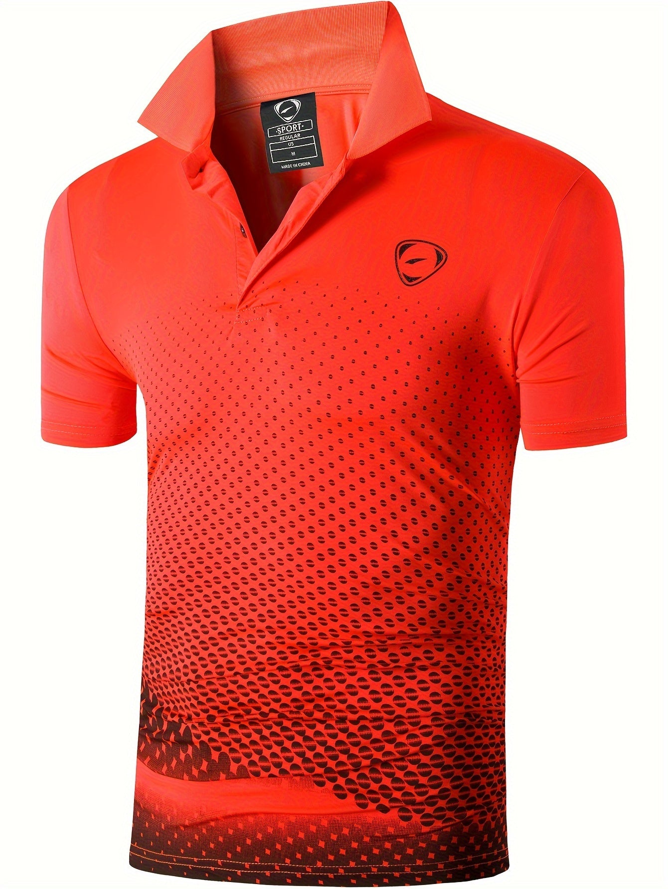 Jeansian Men's Lightweight Breathable Sport Shirt - Vibrant Orange All-Over Dot Print, Stretch Polyester Short Sleeve with Collar & Button Placket for Tennis Golf Bowling, Regular Fit All-Season Casual Athletic Wear, Tennis A
