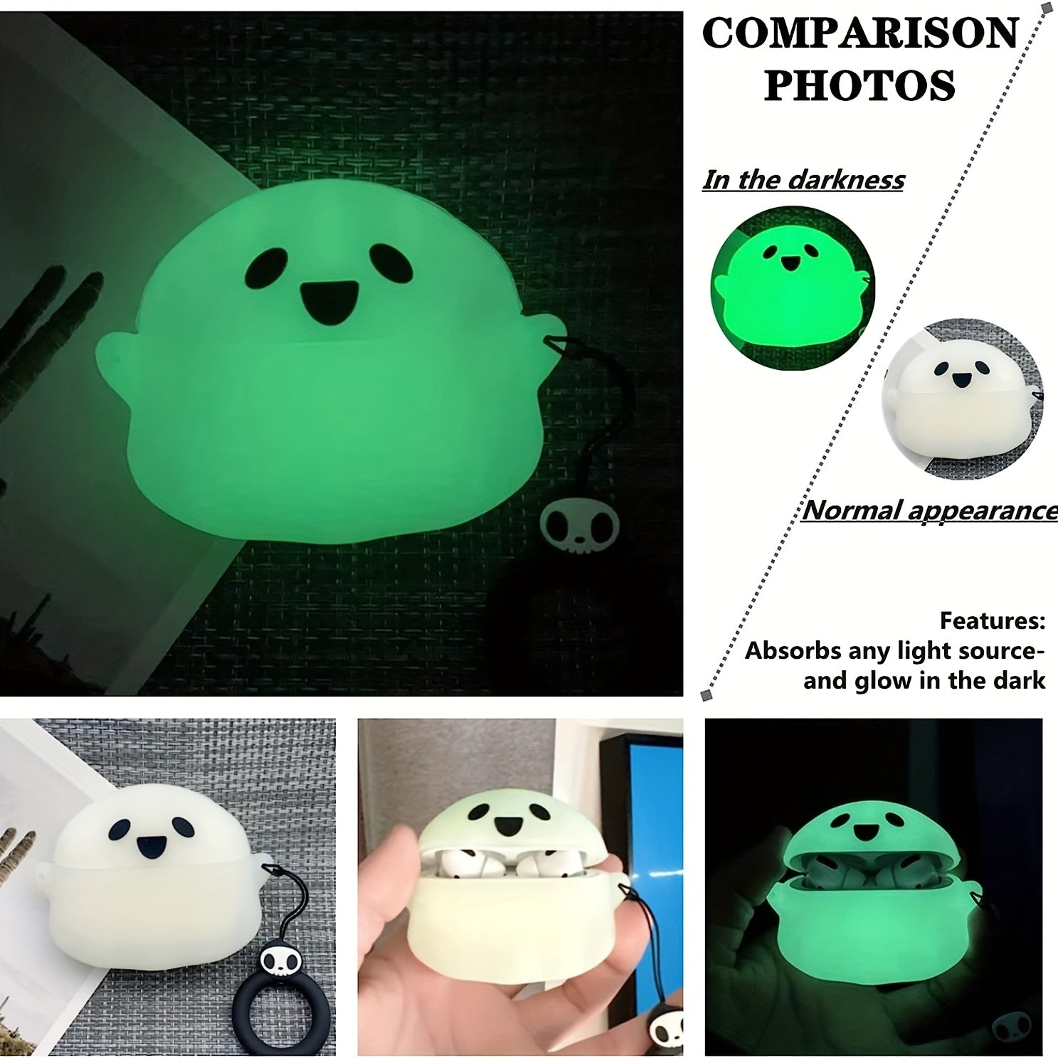 Glow-in-the-Dark Silicone Case for AirPods 1/2/Pro/3rd Gen with Keychain - Cute 3D Ghost Design, Scratch-Resistant & Fingerprint-Proof Protective Cover, Perfect Halloween Gift