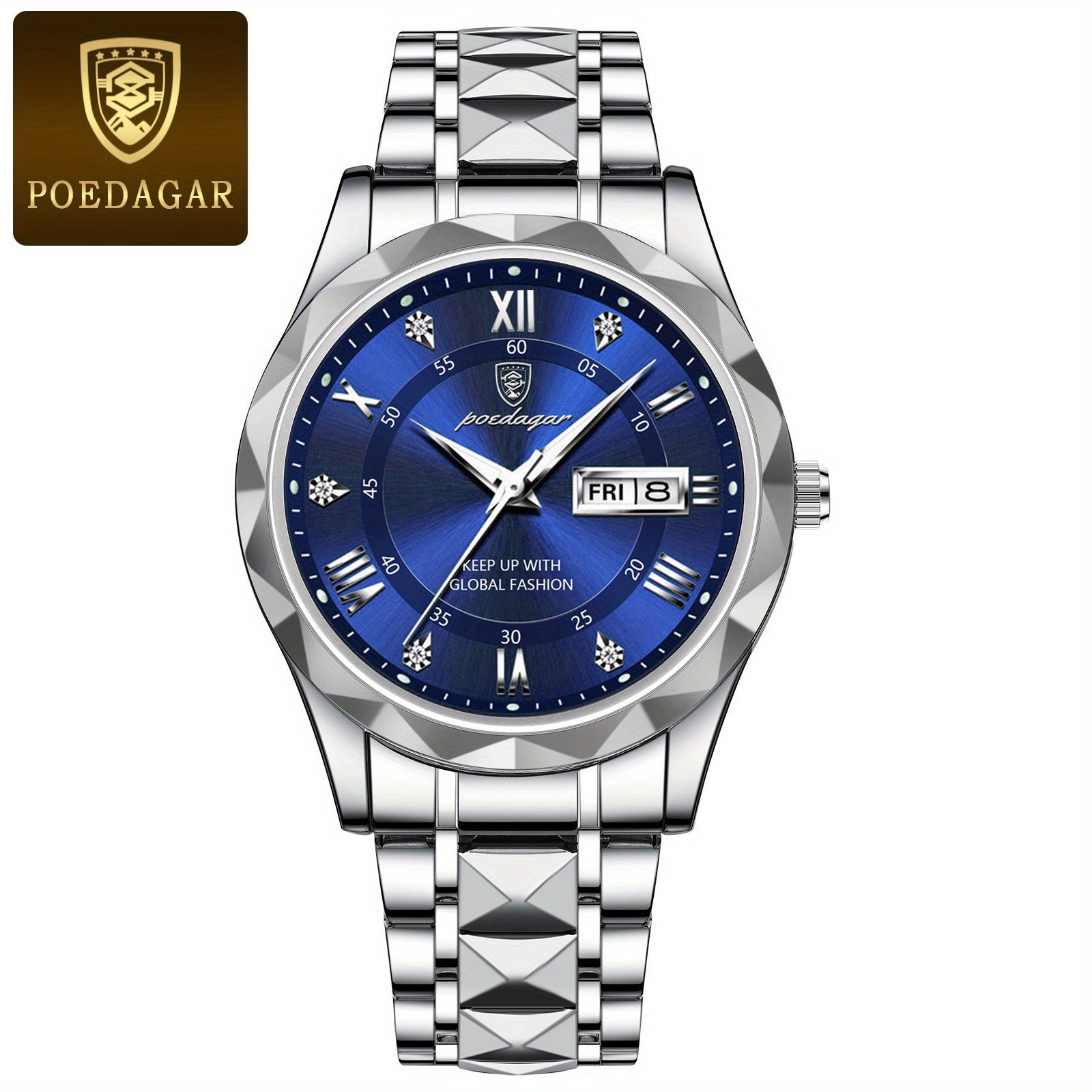 POEDAGAR Fashion Men's Watch Quartz Watches Waterproof Glow Calendar Luxury Stainless Steel Men's Watch, Ideal choice for Gifts
