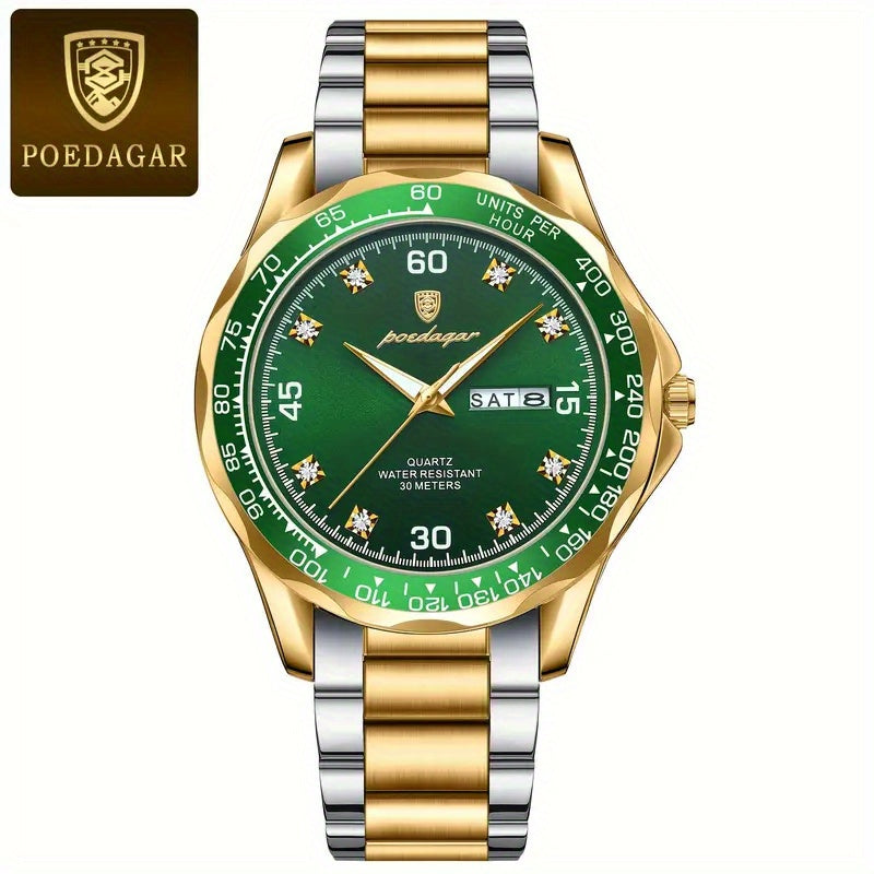 1pc POEDAGAR Luxury Analog Quartz Watch with Chronograph, Green Dial & Golden Hands - /Alloy Case, High Quality 1181.1inch, Night Light, Multi-Dial (Day/Date/Day of Week/Date of Month) - Elegant Women's & Men's Watch for Wedd