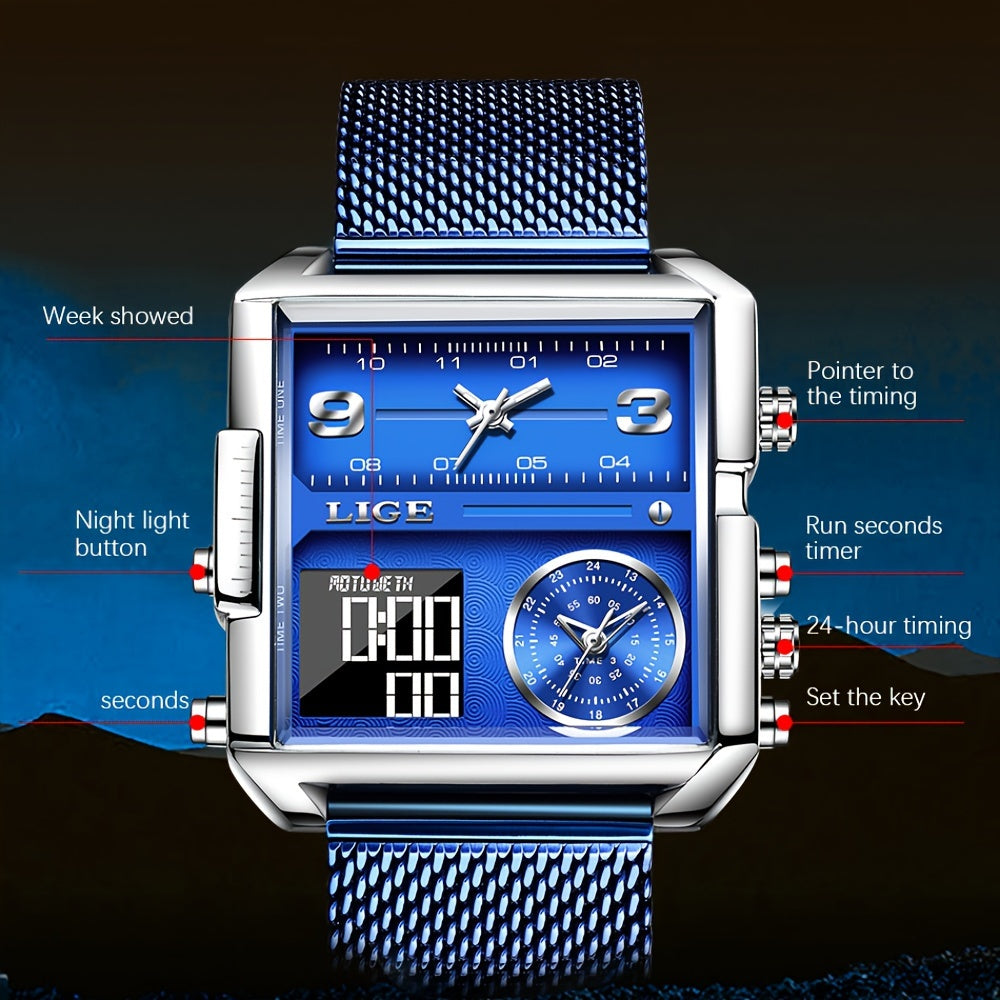 LIGE Fashion Luxury Men's Watch. Watch with Square Stainless Steel Strap. Dual Display Nightlight Second Timer Sports Outdoor Watch. Suitable for Halloween And Christmas Gifts.