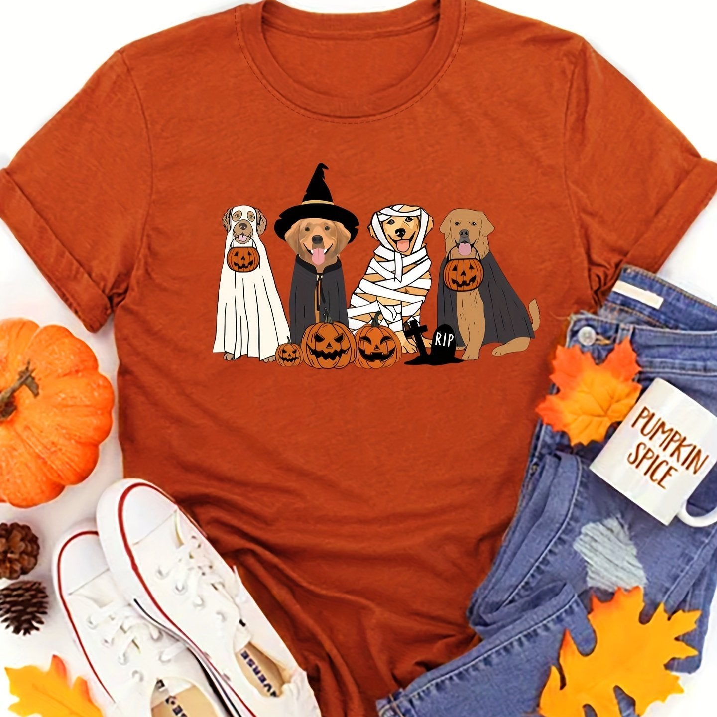 Halloween Dog Themed T-Shirt for All Seasons - Casual Polyester Knit Fabric with Round Neckline, Pumpkin Carved Jack-o'-Lanterns & Wrapped Dogs Design, Regular Fit