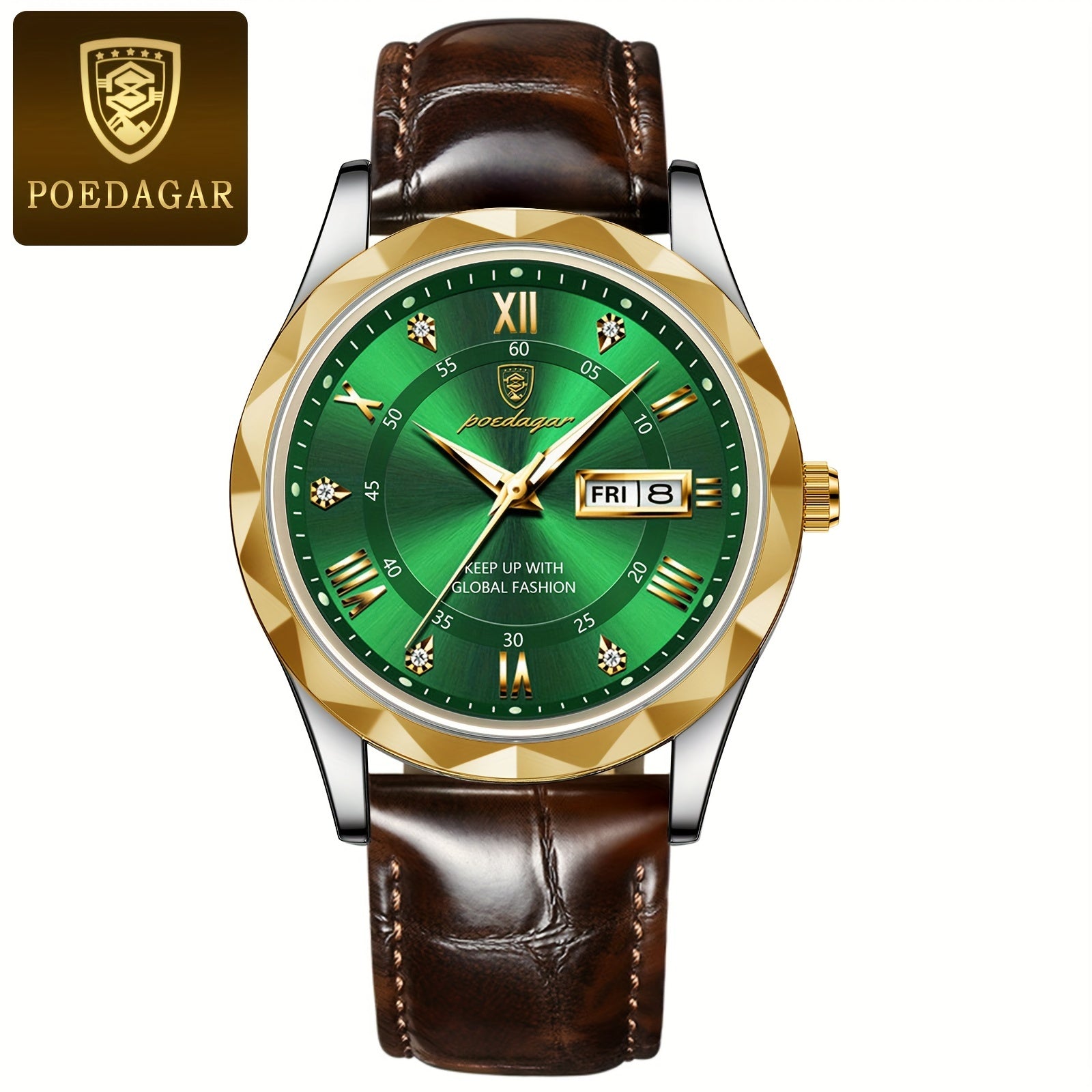 1pc POEDAGAR Men'S Casual Waterproof Luminous Dual Calendar Quartz Watch, Round Alloy Case, PU Leather Strap, Analog Display, 3ATM Dive Resistance, Battery Operated (Non-Rechargeable)