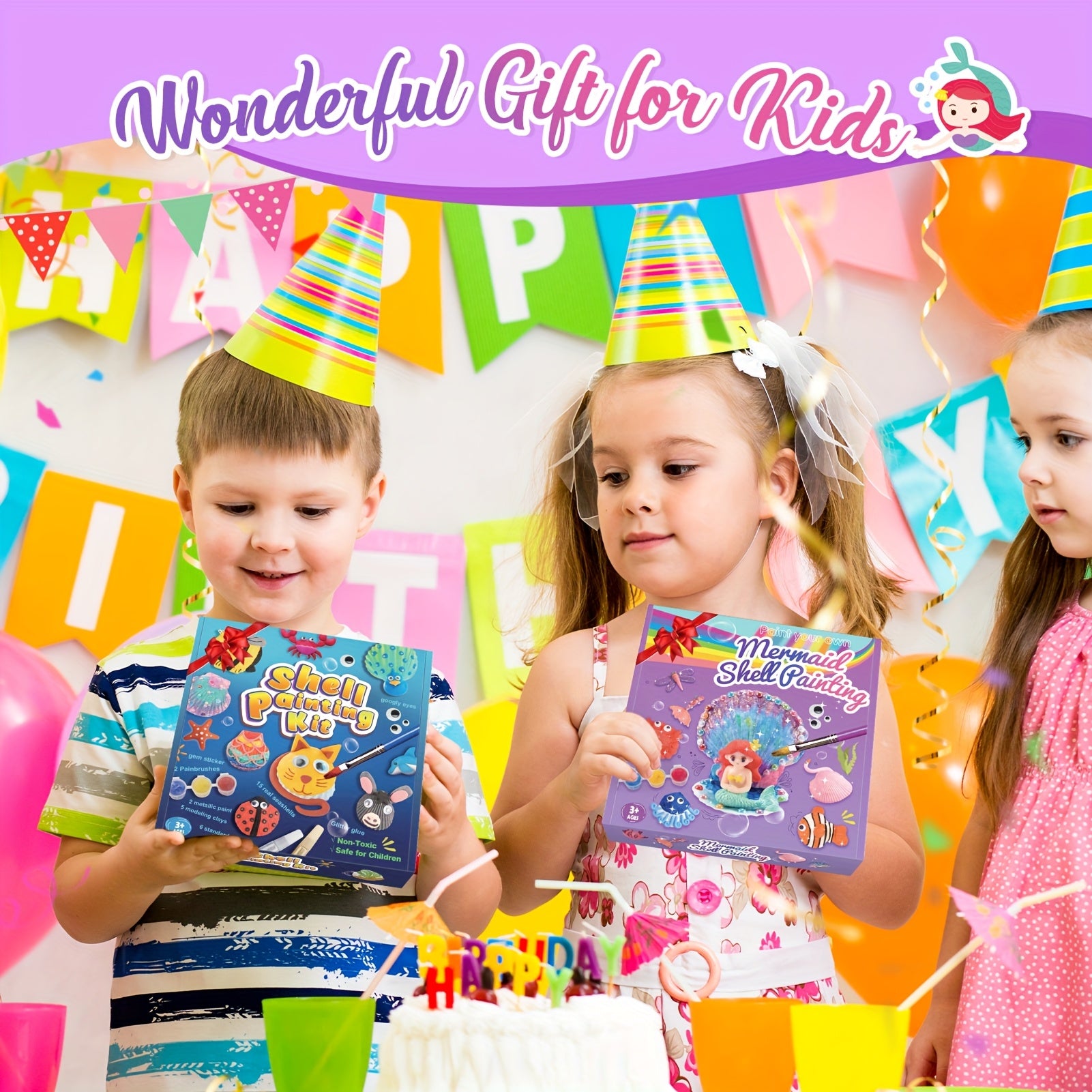 Easter Basket Stuffers 17pcs Seashells Art And Craft Kits for Kids, Age 3-10 Gifts Toys Girl Gifts Birthday Presents Air DIY Clay for Kids Mermaid Toys Kids Painting Set