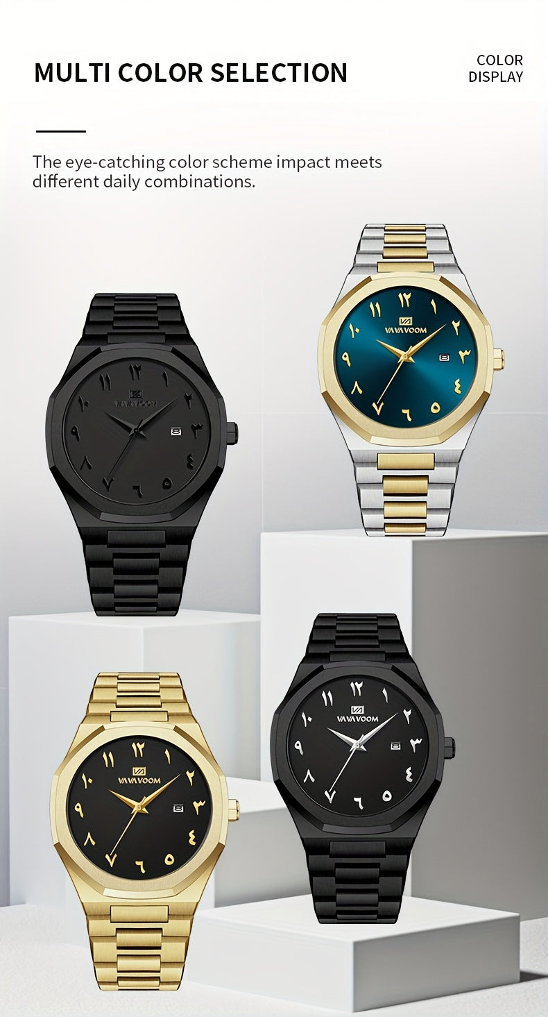 [Luxury Men's Watch] VA VA VOOM Luxury Men's Watch | Stainless Steel Black & Golden Chronograph with Arabic Numerals, Quartz Movement, Elegant Business Style | Perfect Gift for Dad, Husband, Boyfriend on Father's Day, Valenti