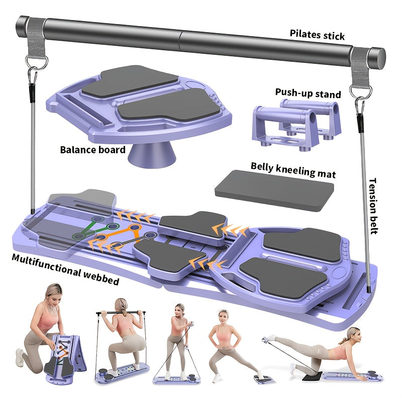 8-in-1 Home Gym Fitness Set with Abdominal Trainer, Balance Board, Resistance Bands, Yoga Mat & Pull-Up Bars - Full-Body Workout System for Core Strength, Cardio, Pilates, Sliding/Running Training - Manual Operation, No Batte