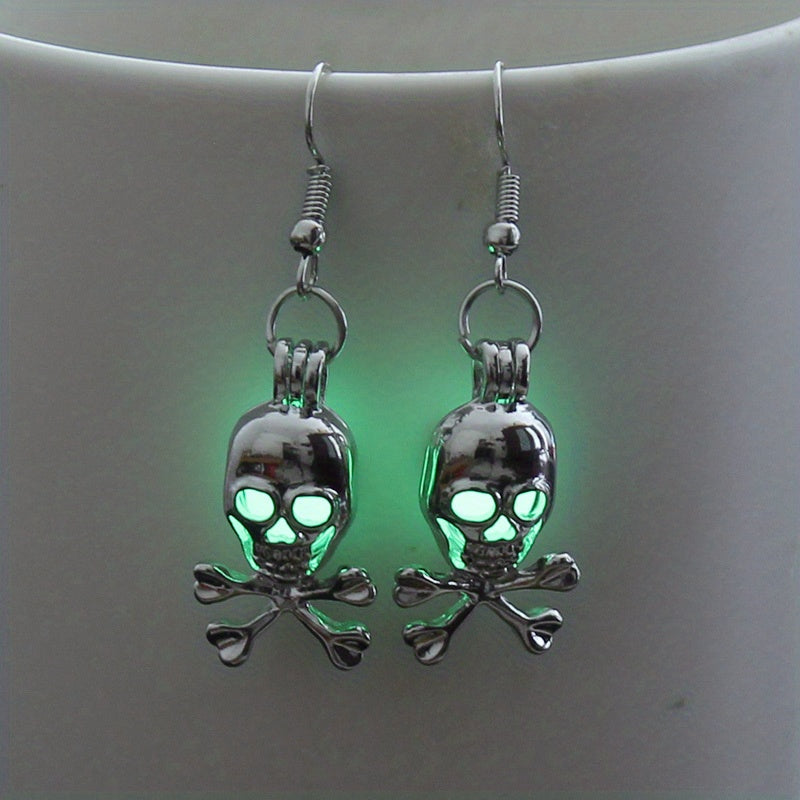 Halloween Glow-in-the-Dark Skull Earrings - Multicolor Luminous Bead Accents, Alloy and Copper, Nickel-Free, Festive Party Accessory for Women