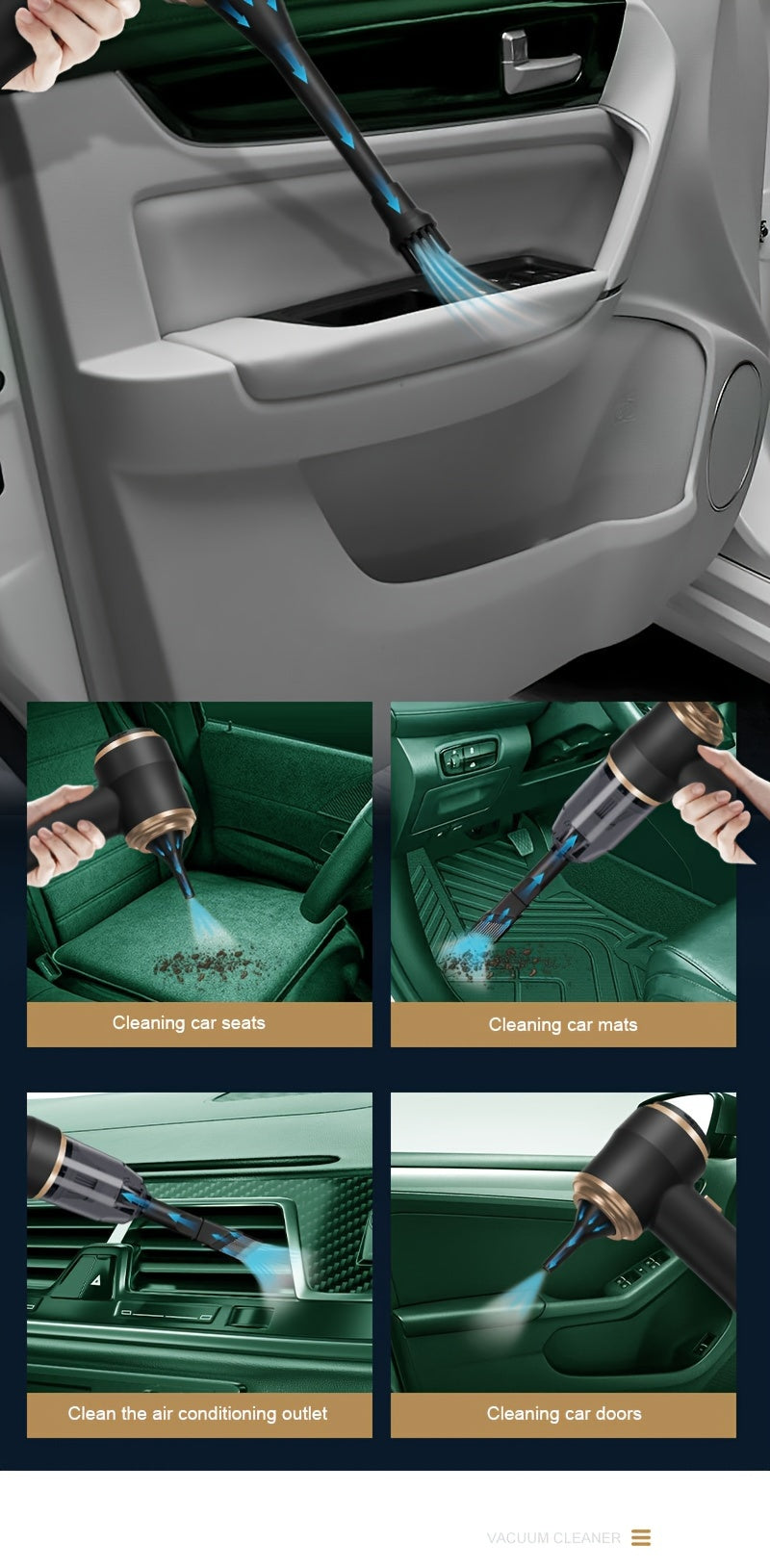 Handheld wireless portable vacuum cleaner, rechargeable, 2000 * 2 milliampere battery, suction force 5000Pa, integrated blowing and suction, suitable for multifunctional high-power small home appliance vacuum cleaners in auto