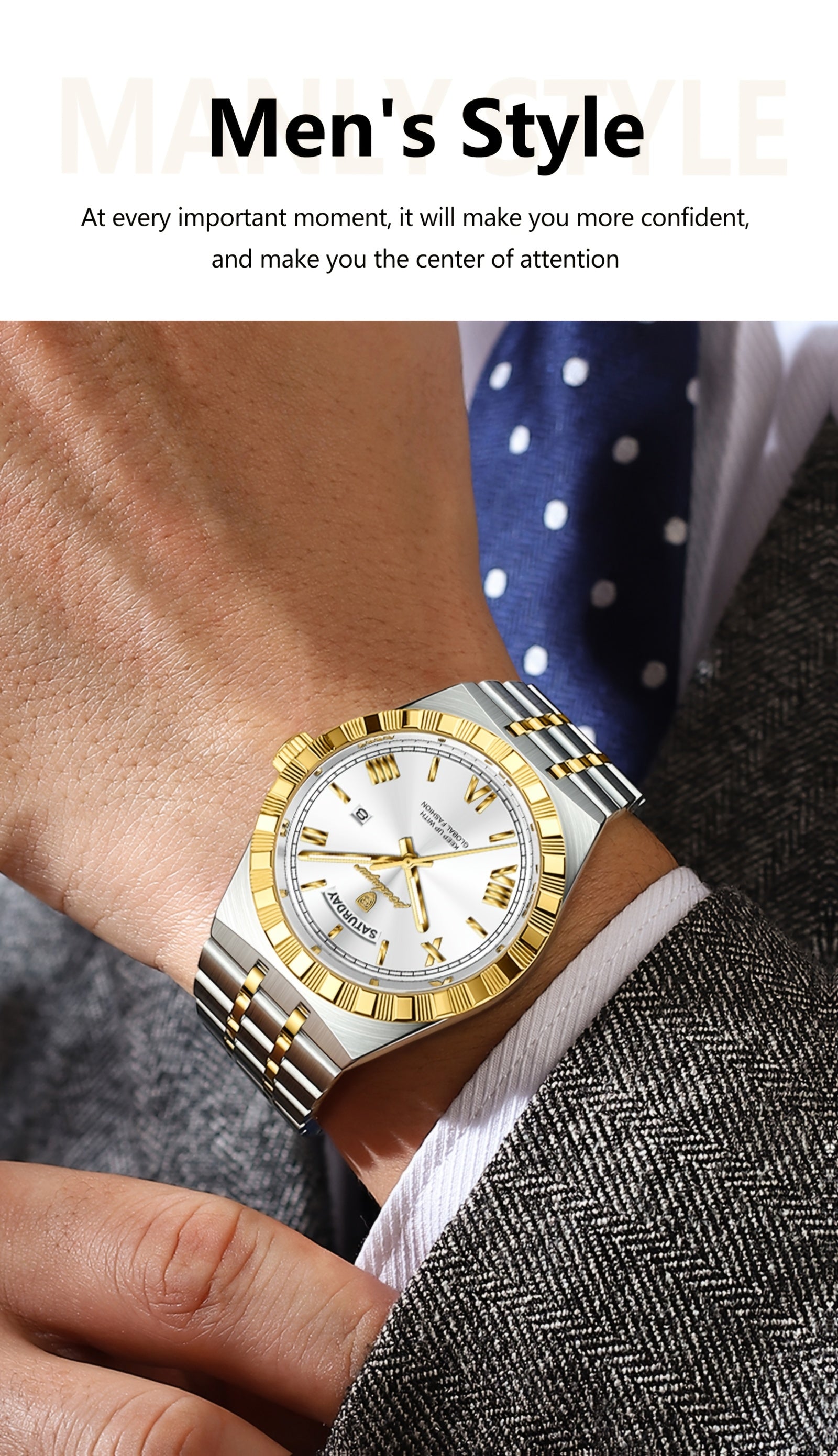 Business Trend Men's Watch Waterproof Calendar Week Stainless Steel Quartz Wristwatch