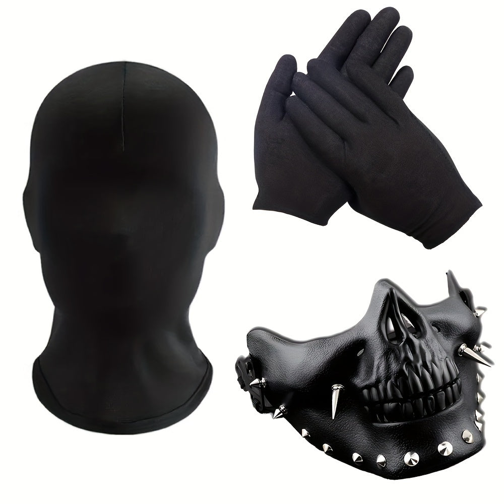 Cosplay Master Kit - Durable Full Face Mask, Half Skull Mask, and Hand Coverings with Sleek Design, Black Finish, Versatile for Halloween, Performance, LARP, Parties, and Events - Premium Plastic Construction, Comfortable Wea