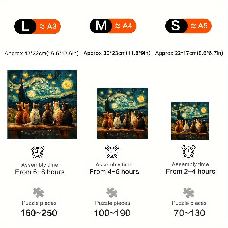 Starry Night Colorful Cat Wooden Puzzle - Unique Shaped Animal Jigsaw For Adults, Stress-Relief & Brain Teaser, Perfect Gift For Birthdays, Christmas, Halloween