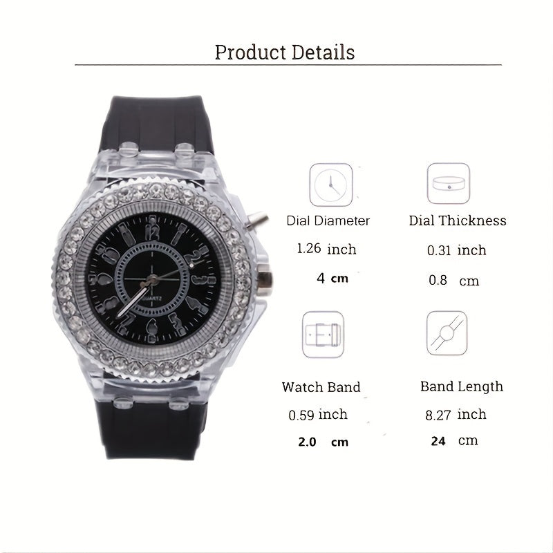 Glow-in-the-Dark LED Trendy Couple'S Watch with Crystal Embellishments, Silicone Strap, and Luminous Display - Perfect for Casual Attire, Casual Watch|Glamorous Timepiece|Polycarbonate Case