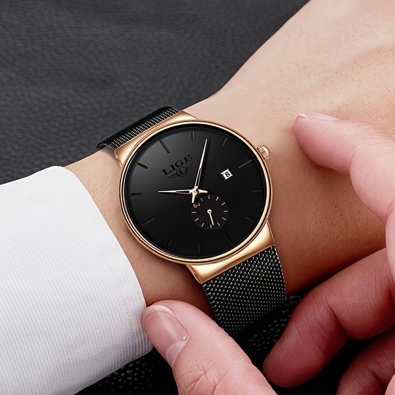 LIGE Fashion Men's Watch Top Brand Luxury Quartz Watch Men's Casual Ultra-thin Mesh Steel Sports Watch