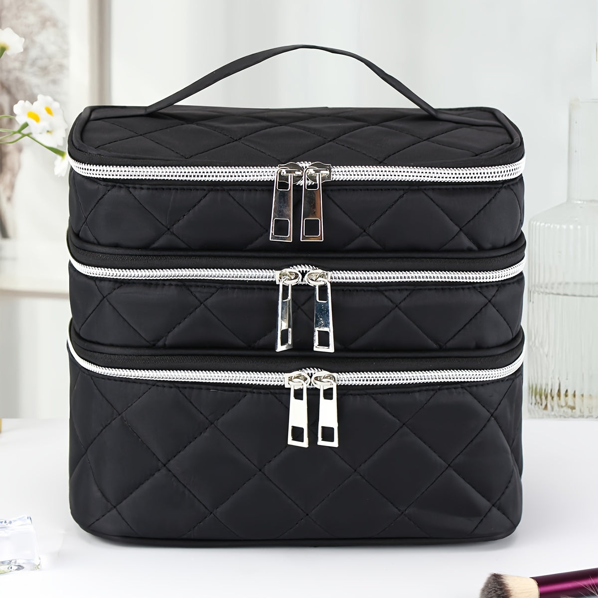 Large Capacity Black Rhombus & Travel Organizer Handbag - 3-Tier/Double-Layer Portable Makeup Case with Golden-Tone Zippers, White Piping Trim, Durable Multi-Compartment Storage for, Spacious for Brushes, Lipstick, Electronic