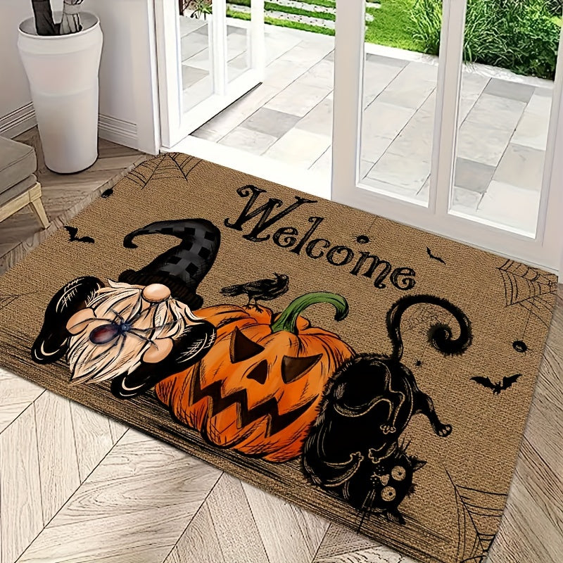 Halloween-Themed Non-Slip Door Mat With Pumpkin, Black Cat & Gnomes Design - Washable Polyester Entrance Rug For Home & Kitchen Decor