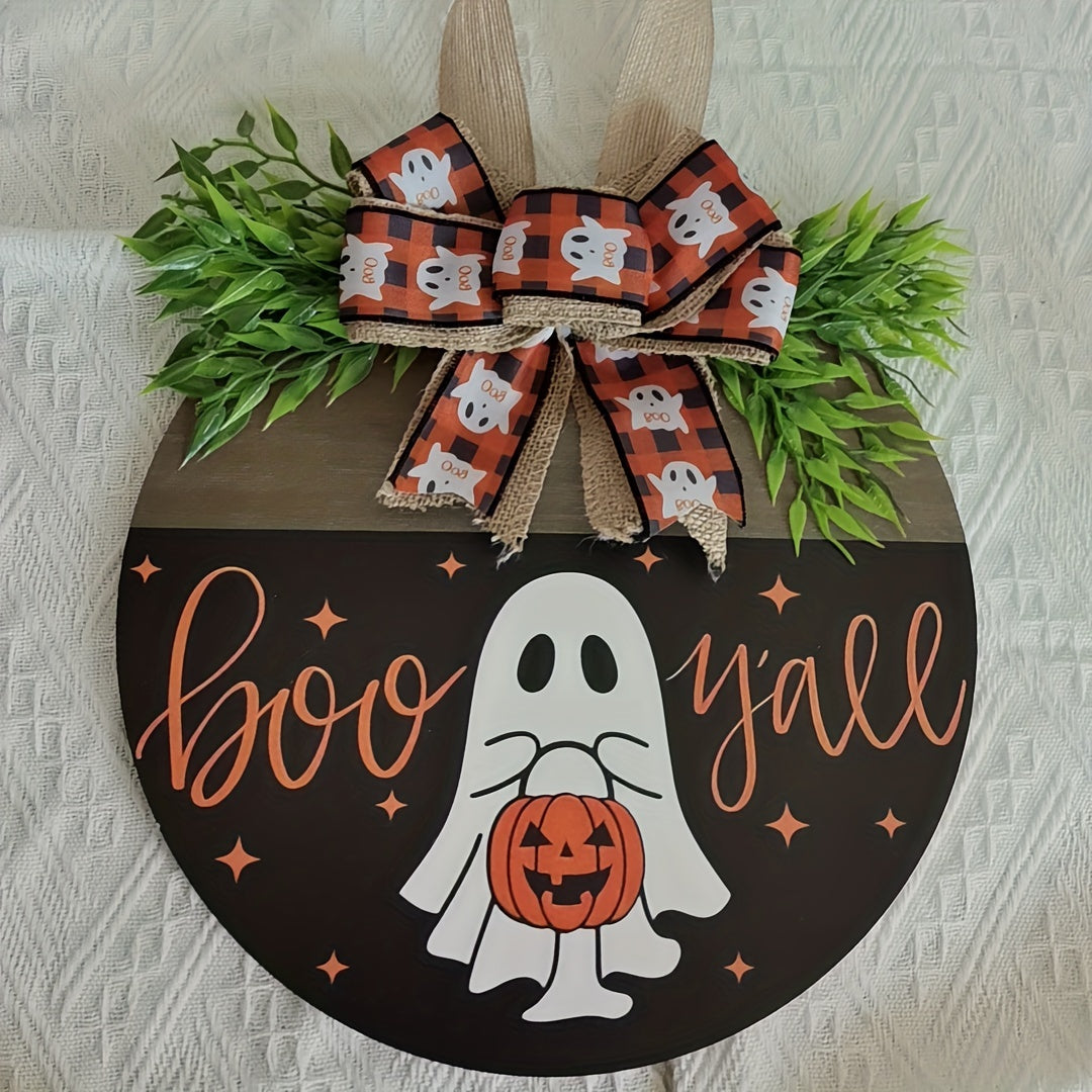 Boo Y'all Halloween Wooden Door Hanger - Wall Mount Festive Welcome Sign with Ghost, Pumpkin, and Fall Ribbon - Perfect Housewarming Gift and Party Decoration for Home, Office, and Garden - No Electricity Needed