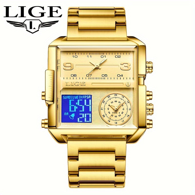 LIGE Fashion Luxury Men's Watch. Watch with Square Stainless Steel Strap. Dual Display Nightlight Second Timer Sports Outdoor Watch. Suitable for Halloween And Christmas Gifts.