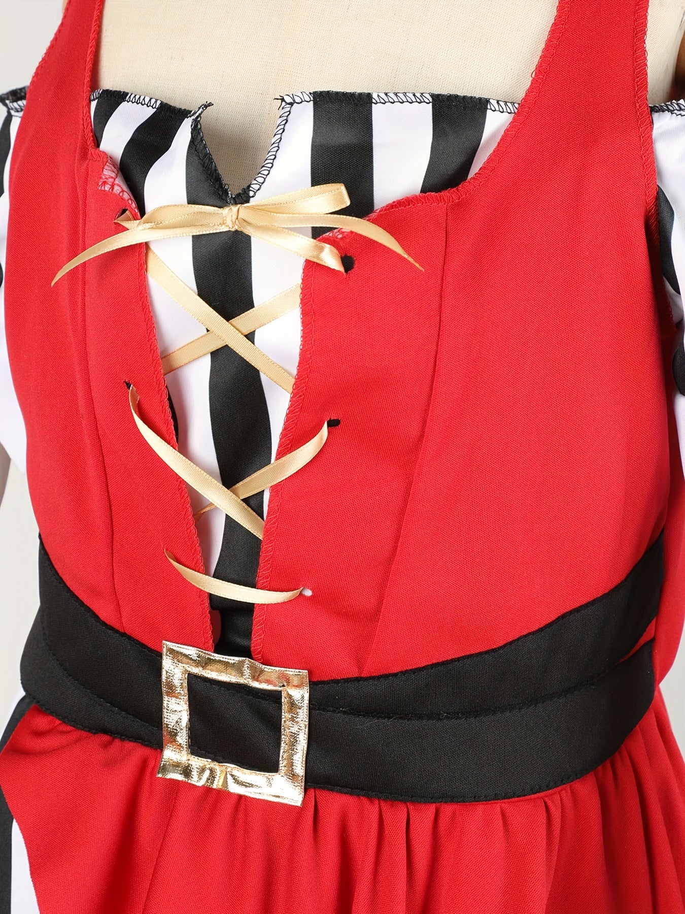 Girls Fun & Cool Off Shoulder Crisscross Strap Front Crossbone Pattern Asymmetrical Dress & Striped Headband For Halloween Party, Girls Pirate Dress Up Outfit, 2pcs