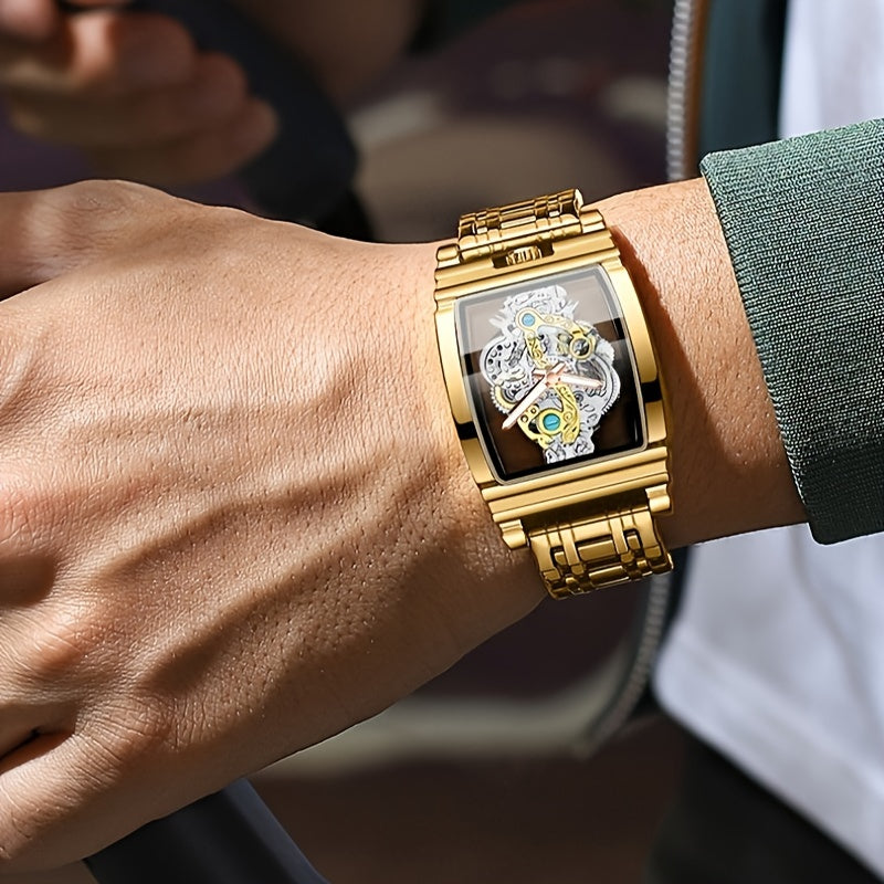 Sleek Luxury Men's Quartz Watch - Stainless Steel Band, Luminous Dial, Hollow-Out Design, Folding Clasp