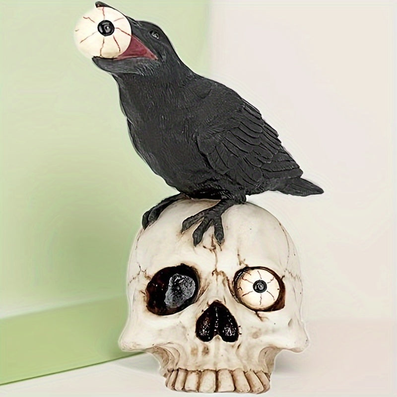 1pc Lifelike Raven & Skull Eyeball Decor, Spooky Halloween Scene Prop - Durable Resin, Perfect for Haunted Houses, Bars, and Secret Rooms - Creepy Skull Head Ornament with Realistic Feathered Texture
