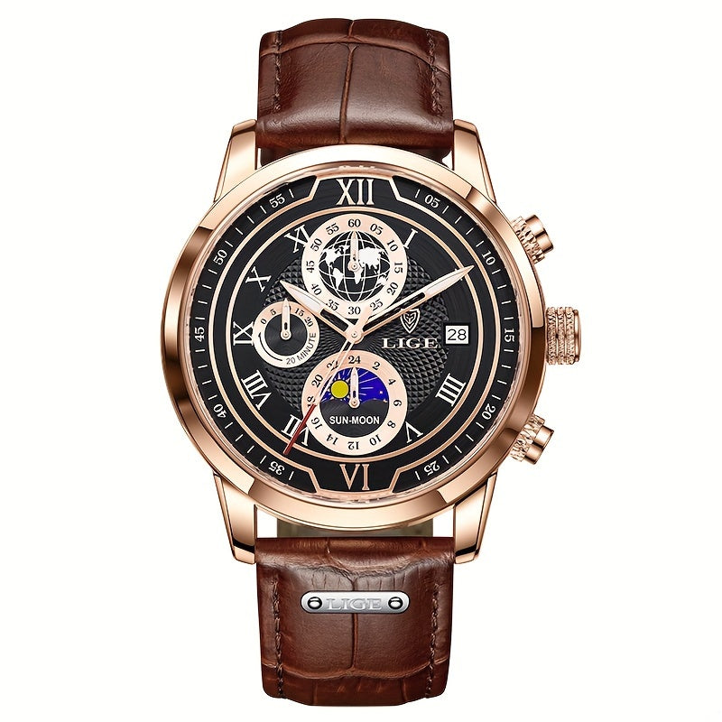 LIGE New Watch Night Light Moon Phase Quartz Watch, Fashion Multi Functional Calendar Sports Men's Watch