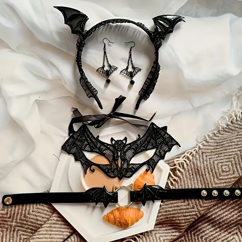 4-Piece Halloween Bat Costume Accessory Set with Headband and Mask, PU Leather Choker Necklace, Bat Earrings - Perfect for Cosplay, Masquerade, Carnival, Birthday, Bachelorette Party - Themed for Christmas, Halloween, Easter,