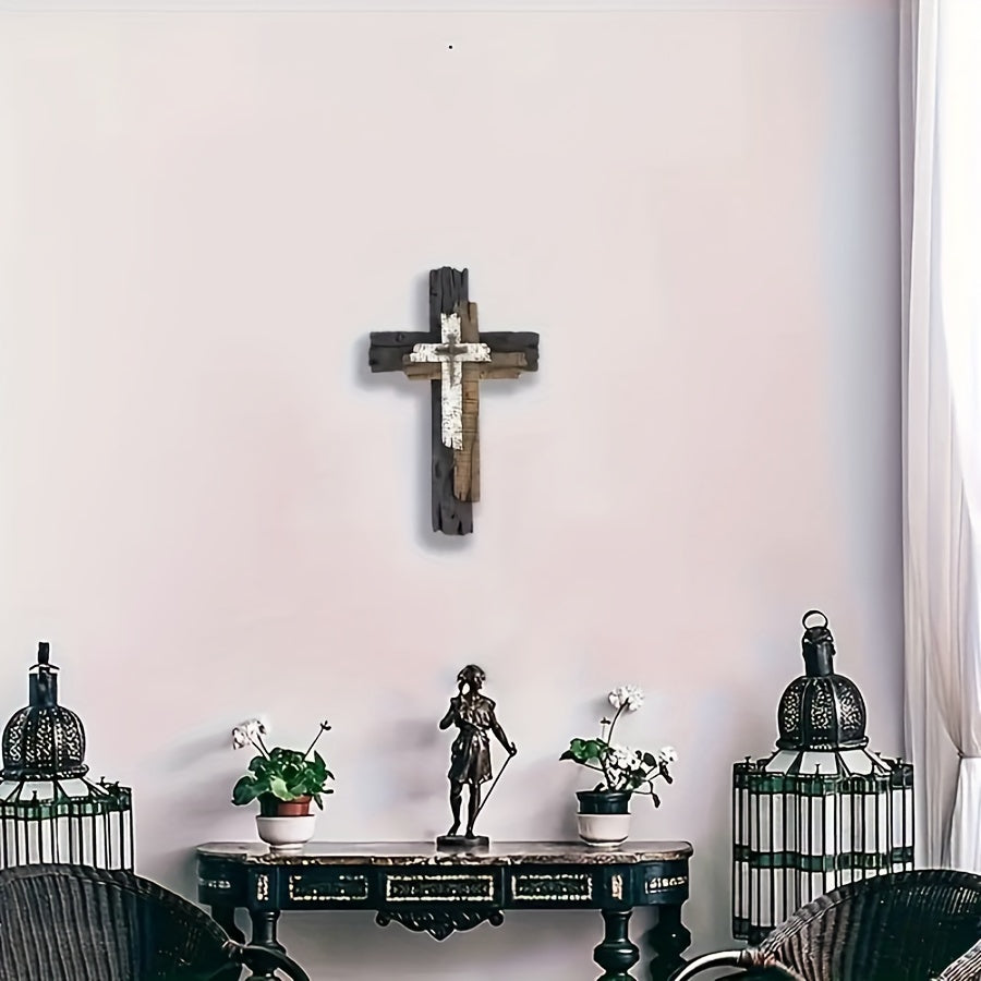 Rustic Wooden Wall Cross Decor - Layered, Space-Themed, Faux Wood Hanging Art Piece with Unique Texture - Perfect for Living Room, Religious Decor, Christmas, Halloween, Easter Celebrations, and Home Decor