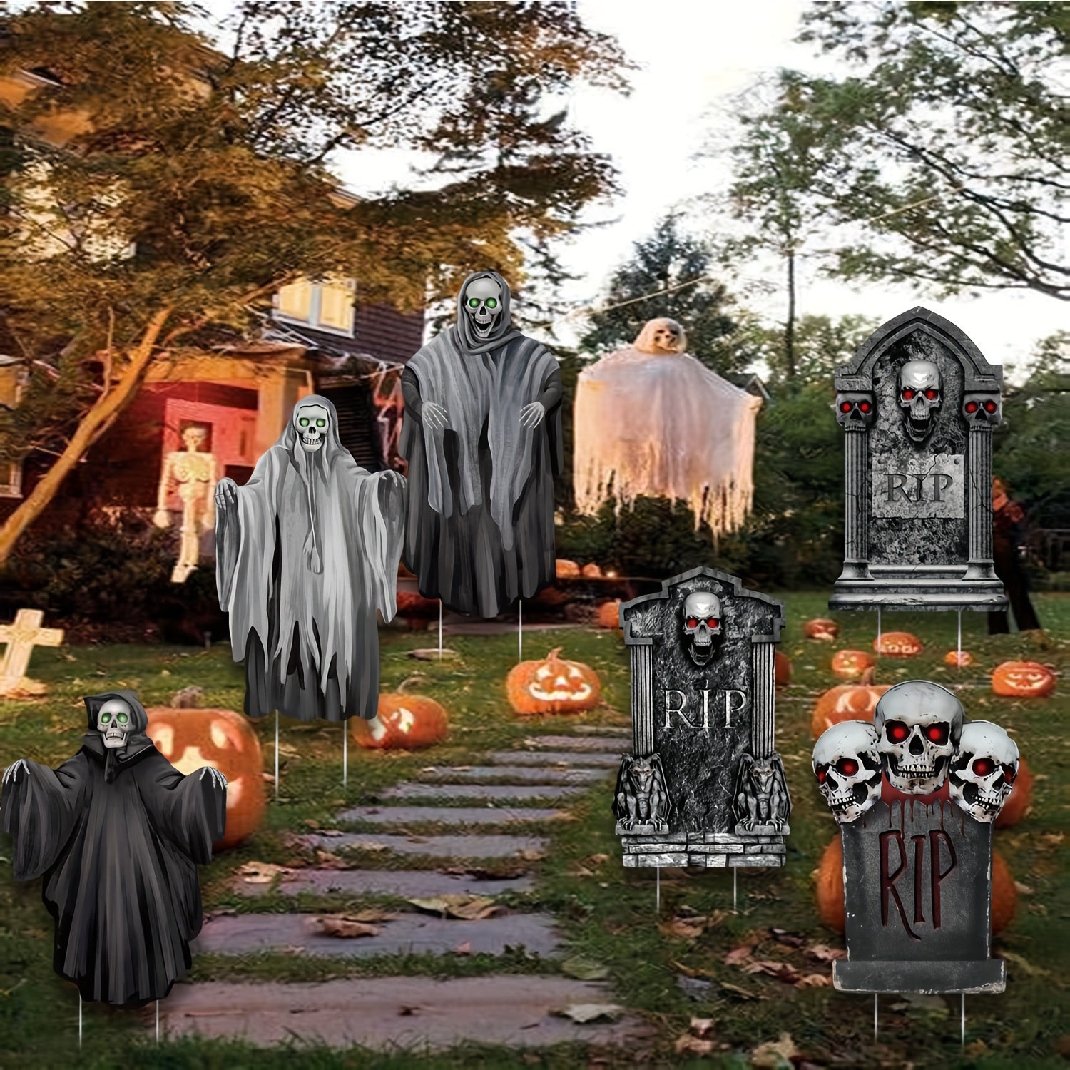 6-pack Spooky 6-Pack Halloween Yard Decorations: Plastic Ghosts & Tombstones with Stakes for Lawn Graveyard Display