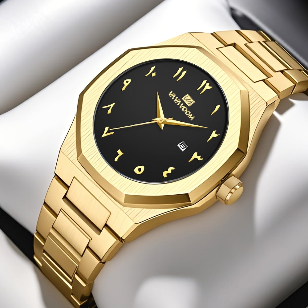 [Luxury Men's Watch] VA VA VOOM Luxury Men's Watch | Stainless Steel Black & Golden Chronograph with Arabic Numerals, Quartz Movement, Elegant Business Style | Perfect Gift for Dad, Husband, Boyfriend on Father's Day, Valenti