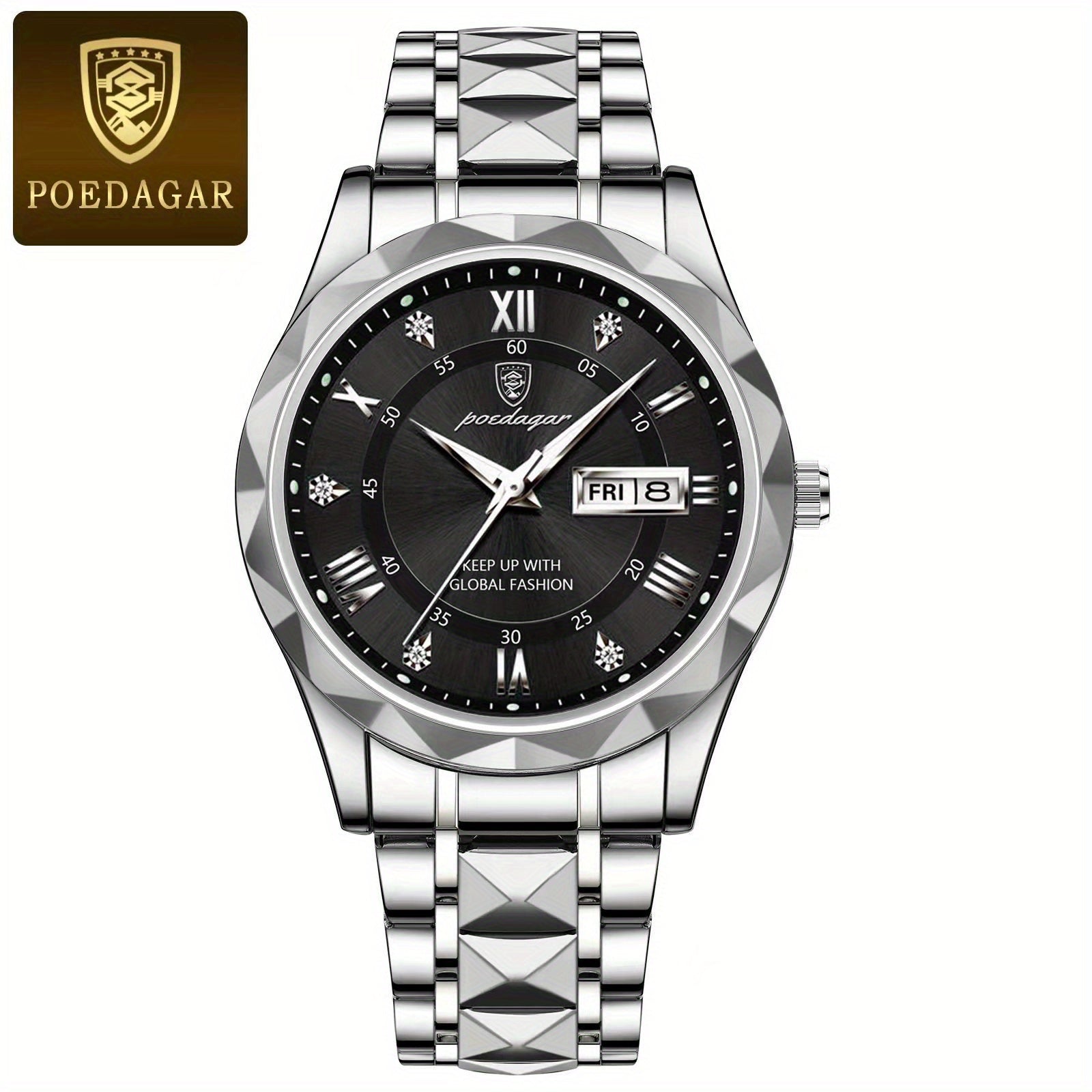 POEDAGAR Fashion Men's Watch Quartz Watches Waterproof Glow Calendar Luxury Stainless Steel Men's Watch, Ideal choice for Gifts