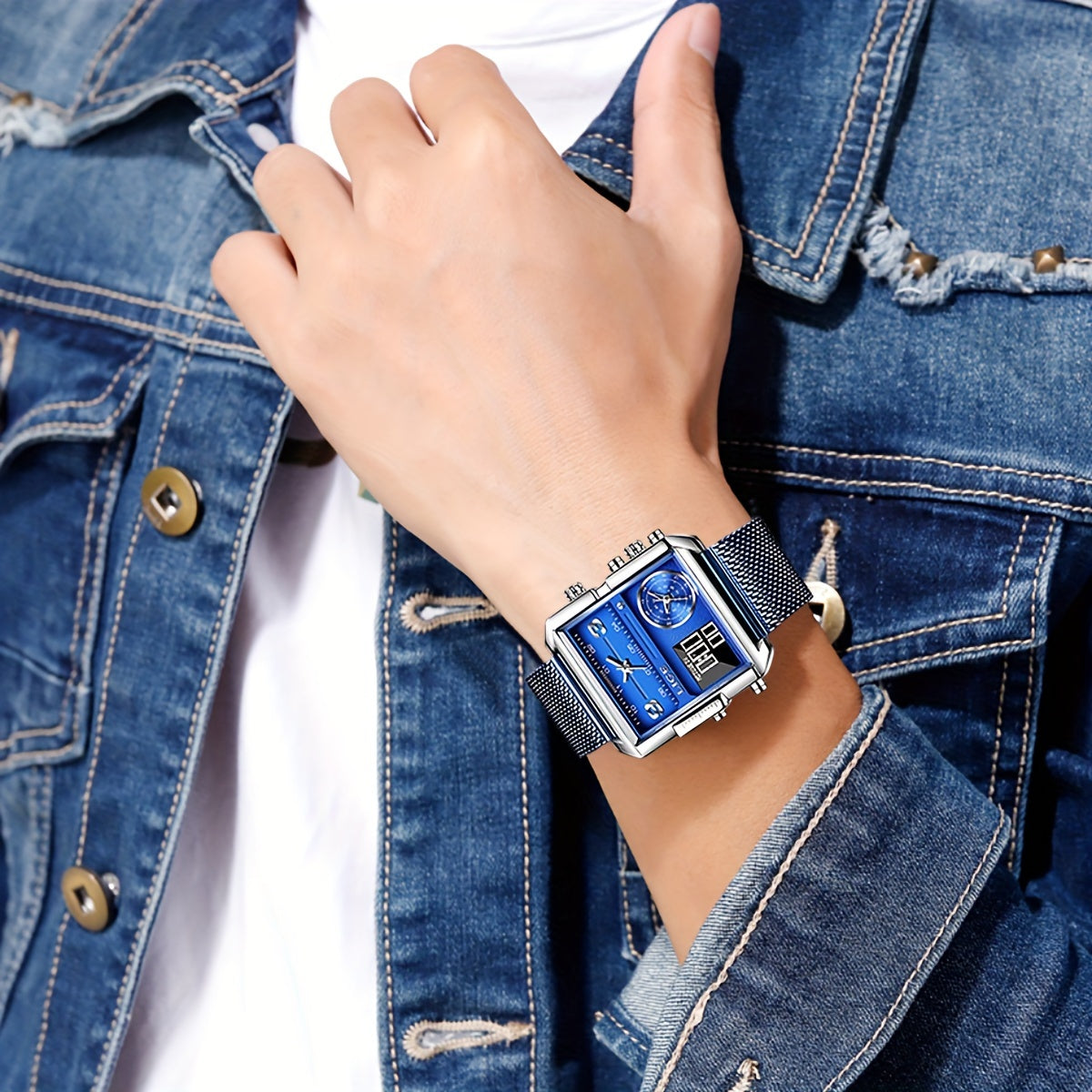 LIGE Fashion Luxury Men's Watch. Watch with Square Stainless Steel Strap. Dual Display Nightlight Second Timer Sports Outdoor Watch. Suitable for Halloween And Christmas Gifts.