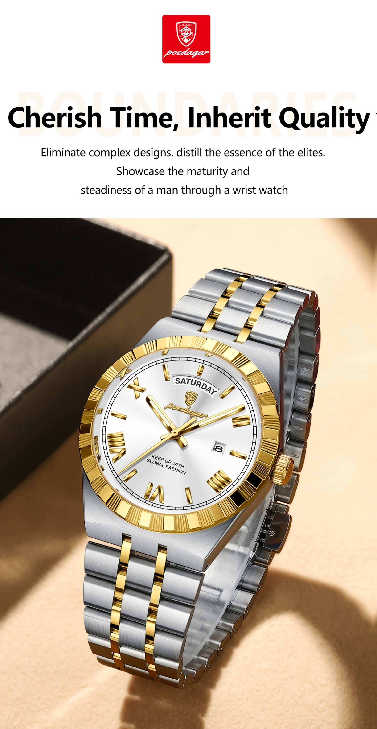 Business Trend Men's Watch Waterproof Calendar Week Stainless Steel Quartz Wristwatch