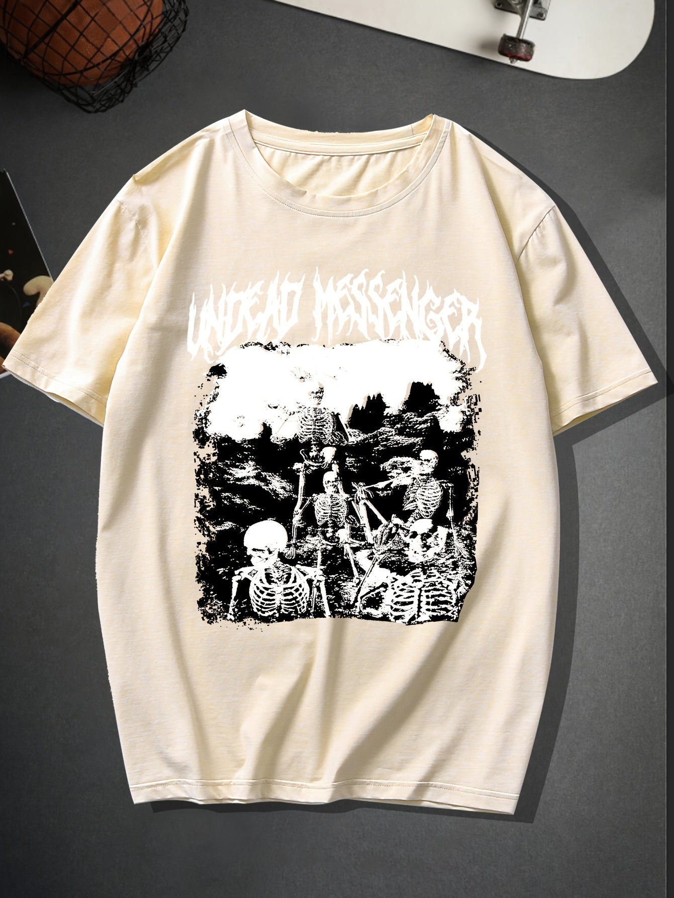 Trendy Skeleton & Letter Pattern Print Men's Comfy T-shirt For Halloween, Graphic Tee Men's Summer Outdoor Clothes, Men's Clothing, Tops For Men