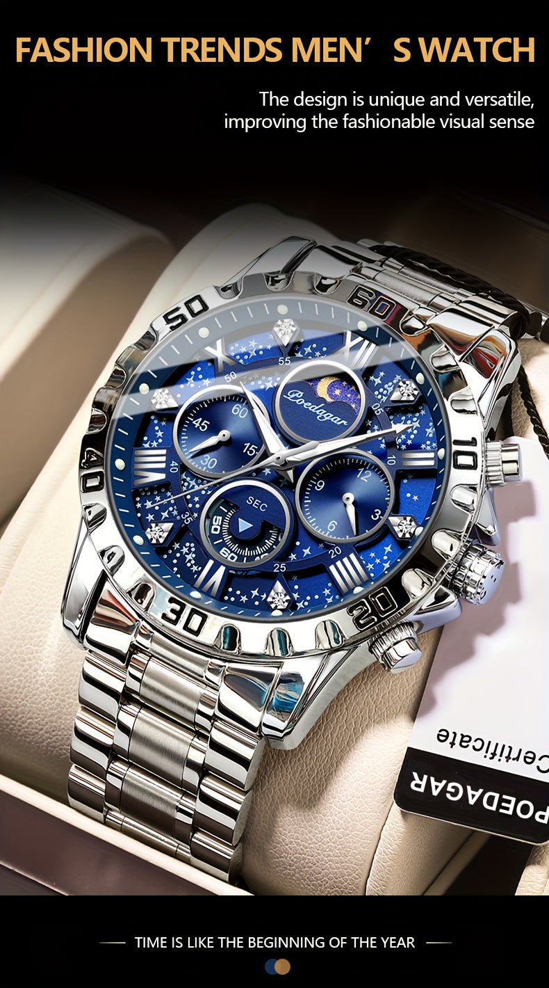 [New Business Water Resistance Watch] POEDAGAR 2024 New Business Executive Men's Quartz Chronograph Watch with Water Resistance, Night Light, and Stainless Steel Band