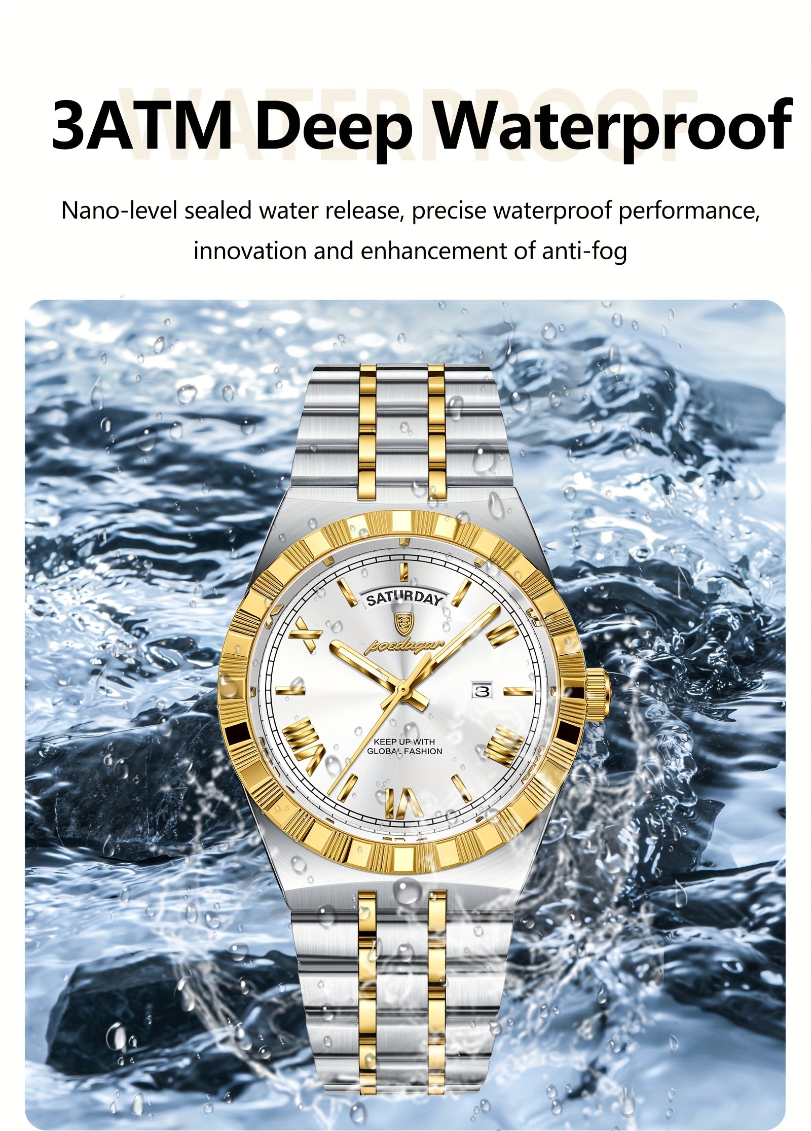 Business Trend Men's Watch Waterproof Calendar Week Stainless Steel Quartz Wristwatch