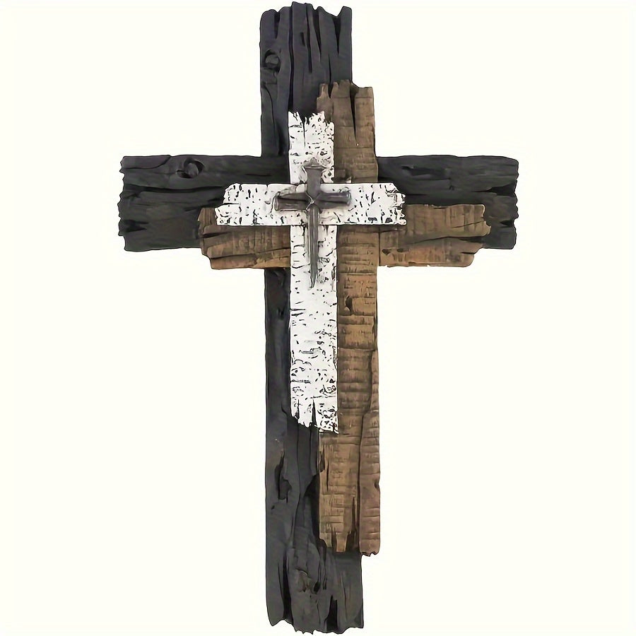 Rustic Wooden Wall Cross Decor - Layered, Space-Themed, Faux Wood Hanging Art Piece with Unique Texture - Perfect for Living Room, Religious Decor, Christmas, Halloween, Easter Celebrations, and Home Decor