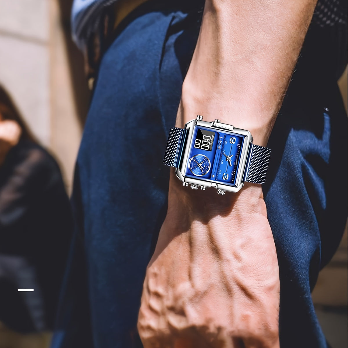 LIGE Fashion Luxury Men's Watch. Watch with Square Stainless Steel Strap. Dual Display Nightlight Second Timer Sports Outdoor Watch. Suitable for Halloween And Christmas Gifts.