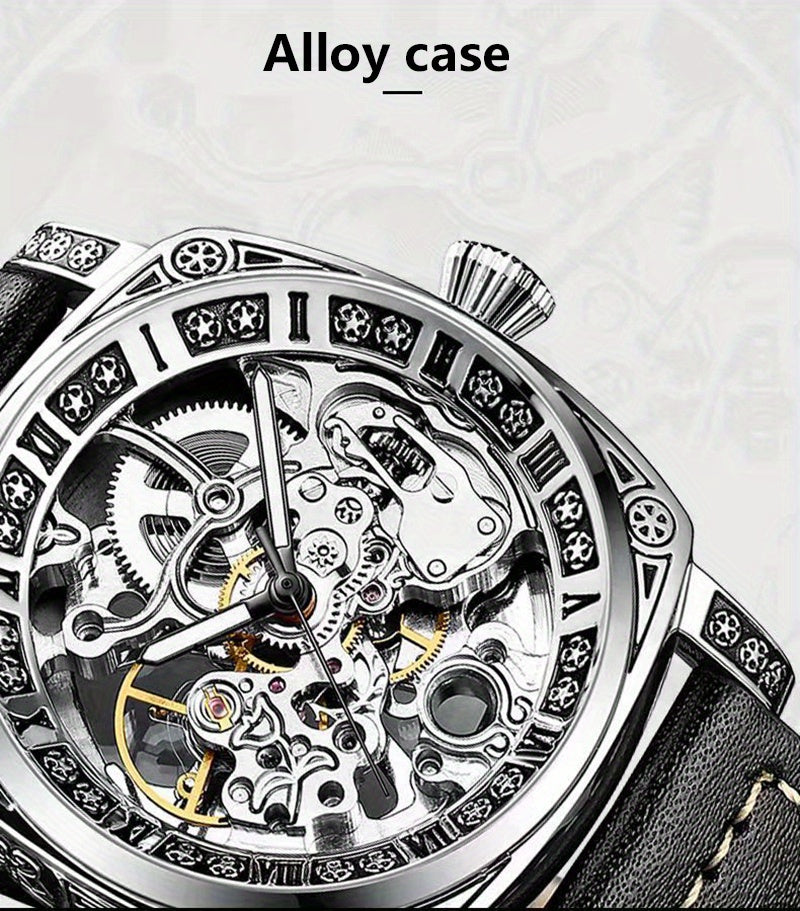 Elegant Mechanical Men's Watch: Self-Winding, Waterproof, with Stylish Hollow Design - Round Dial & Precision Timekeeping