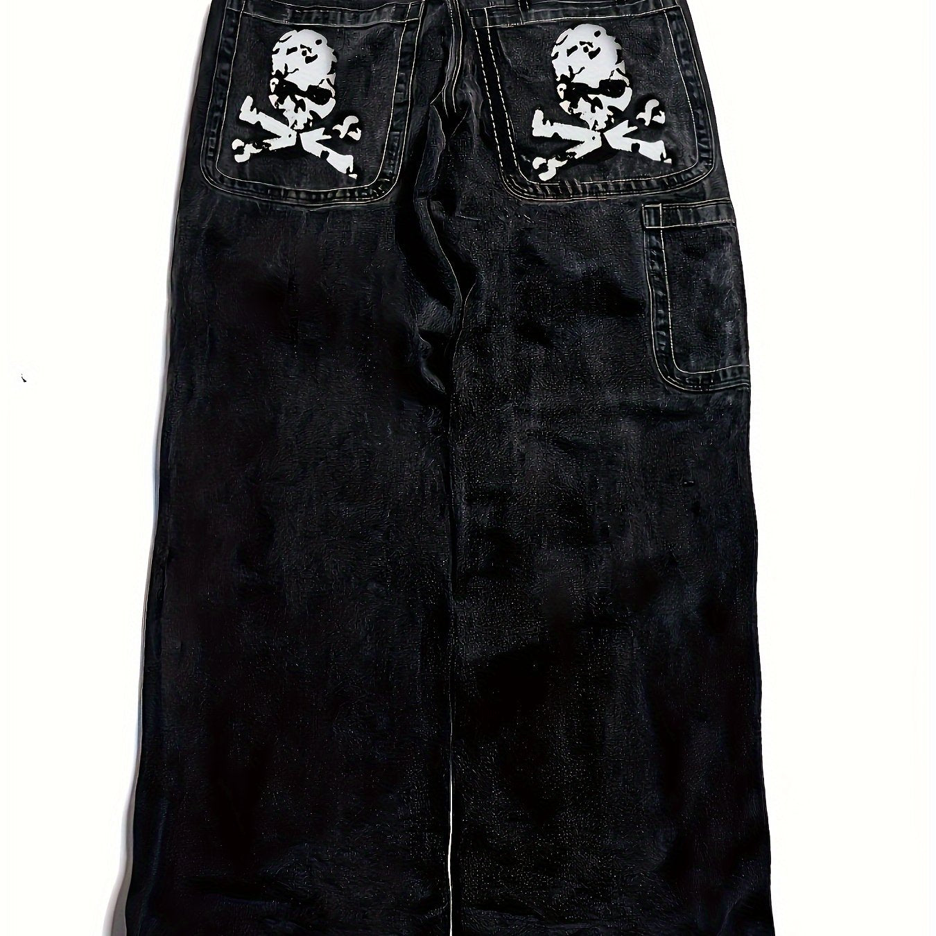 1pc Y2K Street Style Skull Print Multi-Pocket Denim Jeans, Cotton Blend, Non-Stretch Fabric, Regular Fit, All-Season, Halloween Pattern, Woven, Regular Length - 30% Cotton, 27% Rayon, 43% Polyester