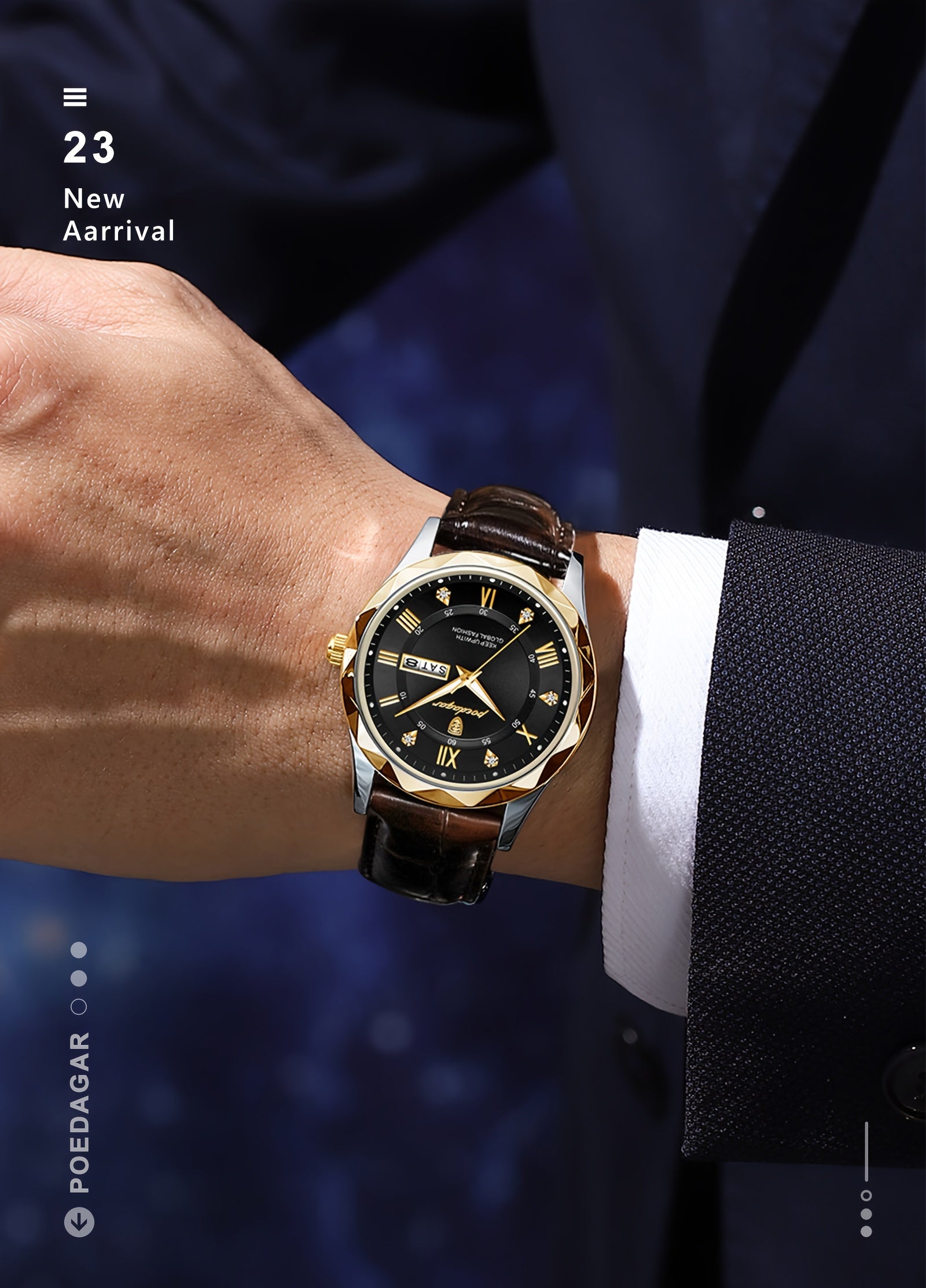 1pc POEDAGAR Men'S Casual Waterproof Luminous Dual Calendar Quartz Watch, Round Alloy Case, PU Leather Strap, Analog Display, 3ATM Dive Resistance, Battery Operated (Non-Rechargeable)